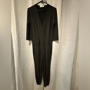 The Debbie Jumpsuit - Black pant suit with drop-waist and 3/4 sleeves